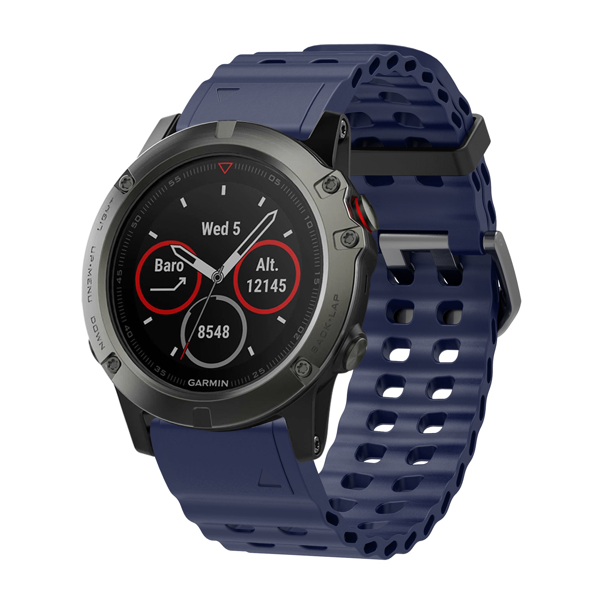 Garmin sports smartwatch with dark gray case, black dial displaying barometer and altitude data, red accents, and navy blue perforated silicone QuickFit band