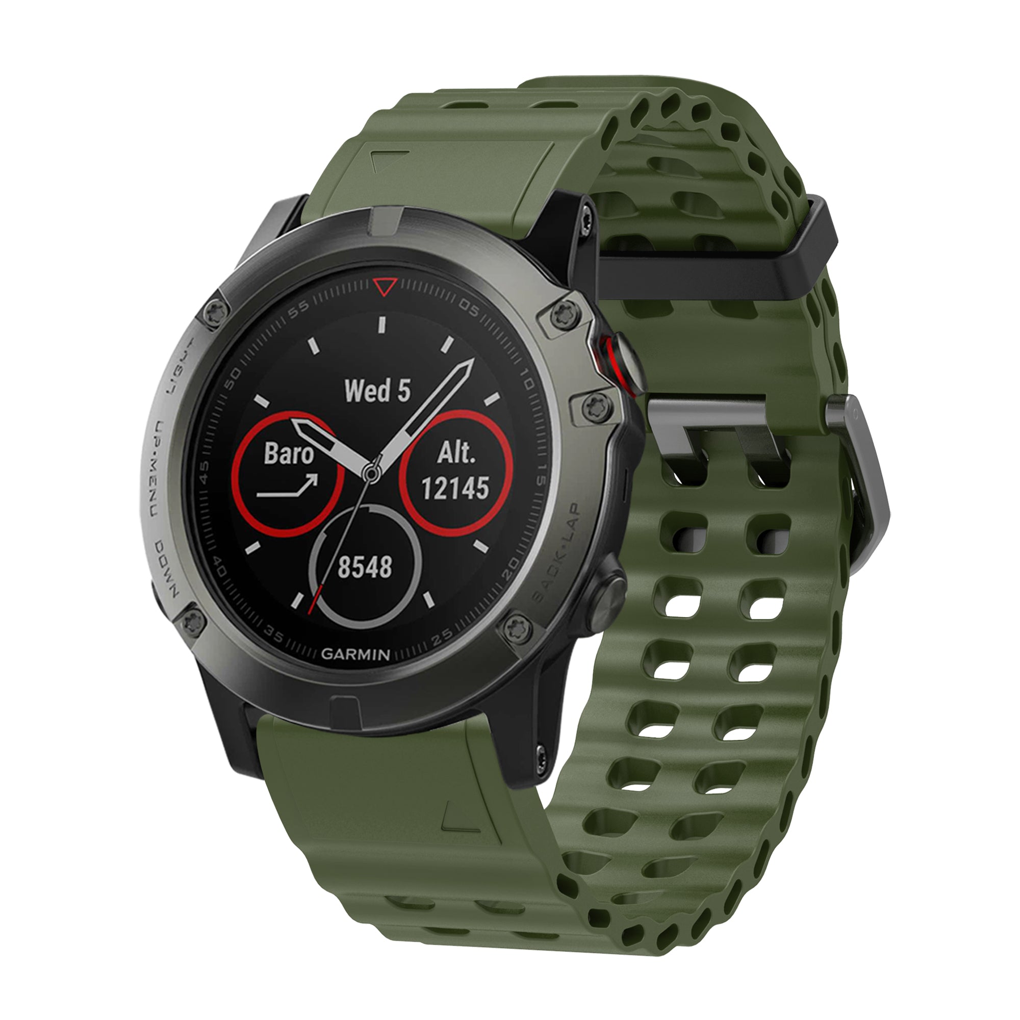 Garmin sports smartwatch with black dial, red metrics display, olive green silicone band with ventilation holes and metal buckle clasp
