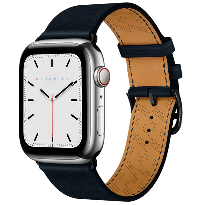 Strapify Navy Blue Perforated Leather Single Tour Watch Band for Apple Watch with tan interior lining