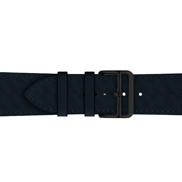 Navy blue perforated leather Apple Watch solo loop band with gunmetal buckle and adjustable sizing