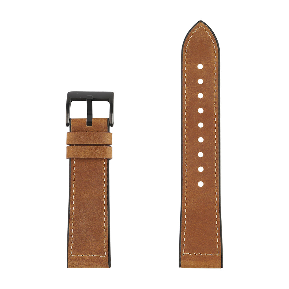 Brown leather quick release hybrid watch strap with contrast stitching and black buckle