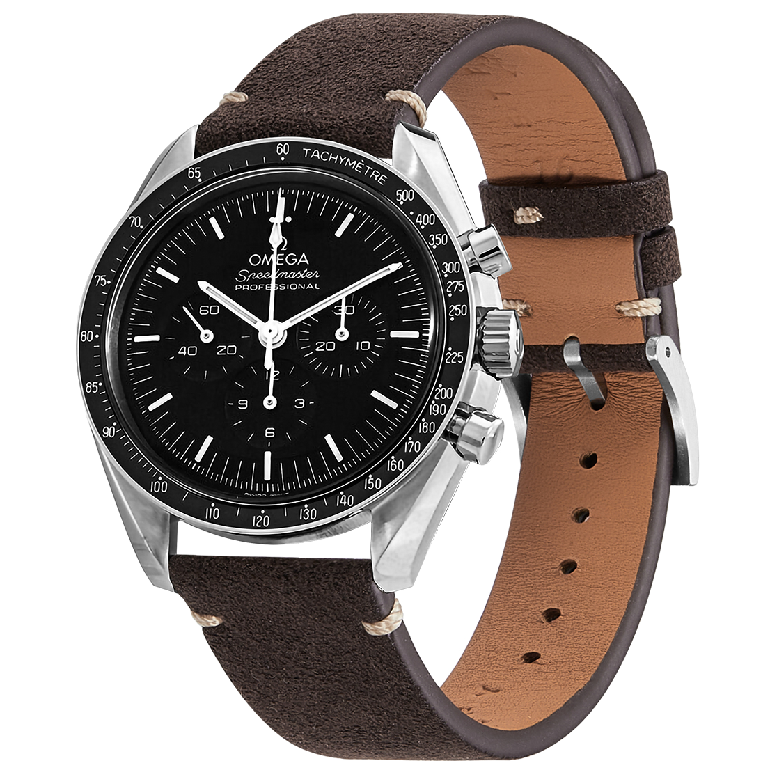 Omega Speedmaster Professional chronograph watch with polished steel case, black dial, tachymetre bezel, and dark brown Alcantara leather quick-release strap
