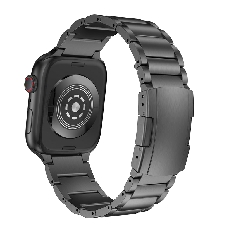 Black stainless steel smartwatch with matching metal link bracelet and red digital crown