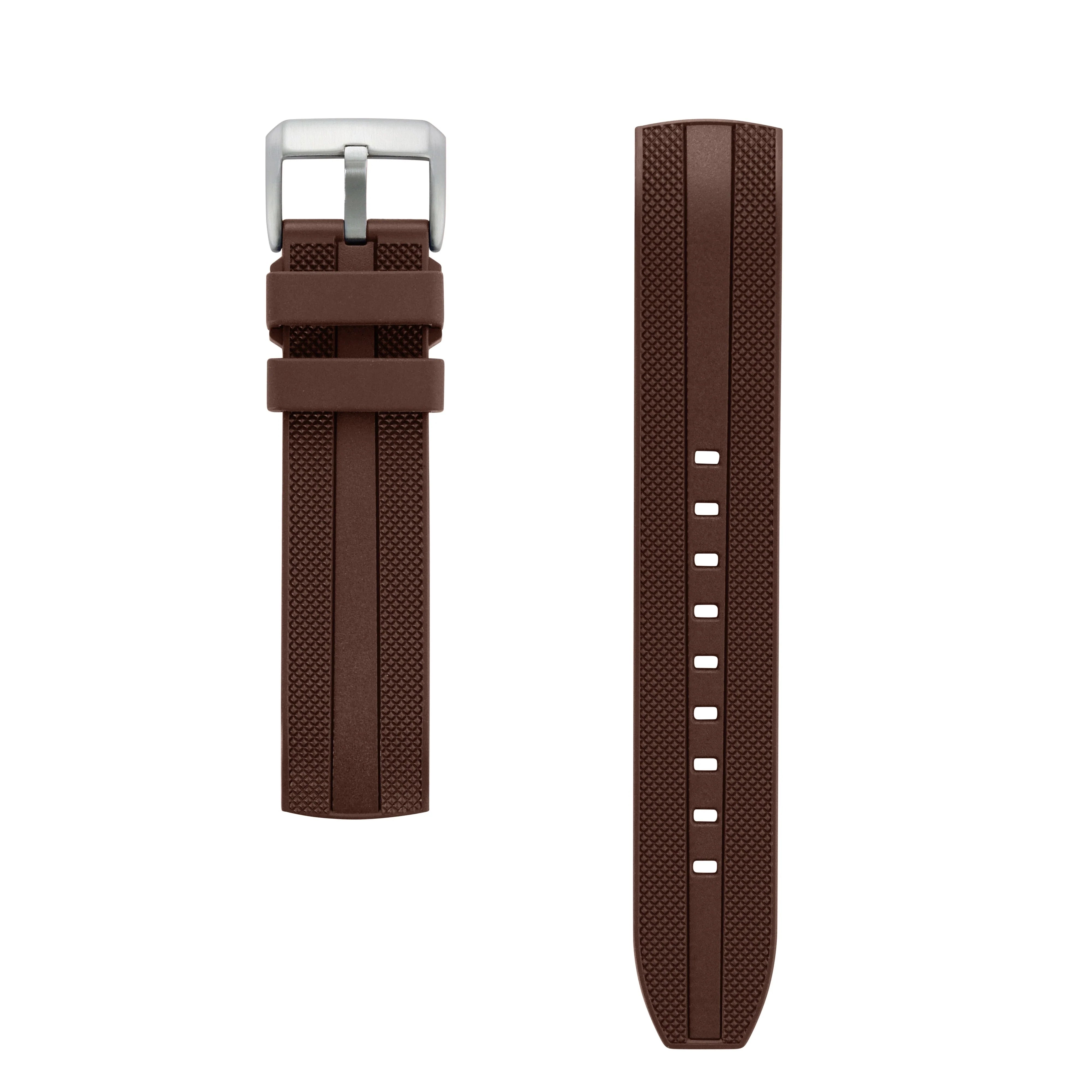 Brown rubber dive watch strap with curved ends, silver buckle, and adjustment holes for Seiko Prospex series