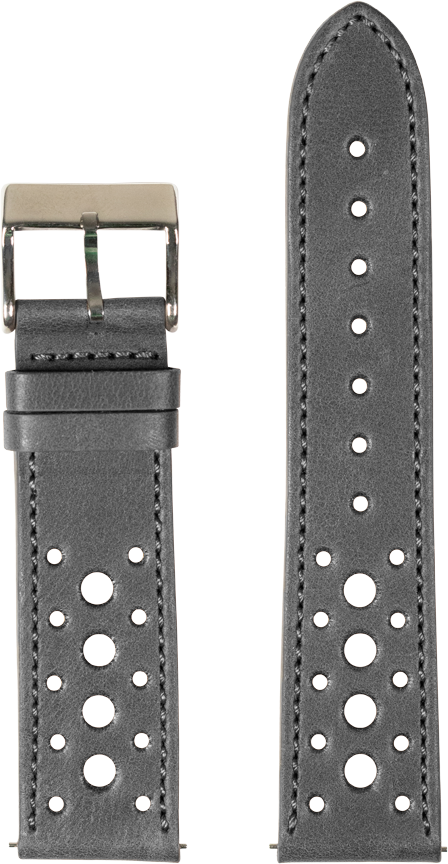 Black leather Quick Release watch strap with white perforations and stainless steel buckle closure