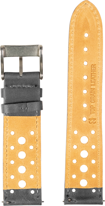 Quick release leather Daytona watch strap with tan suede and black band, white perforated holes and metal buckle