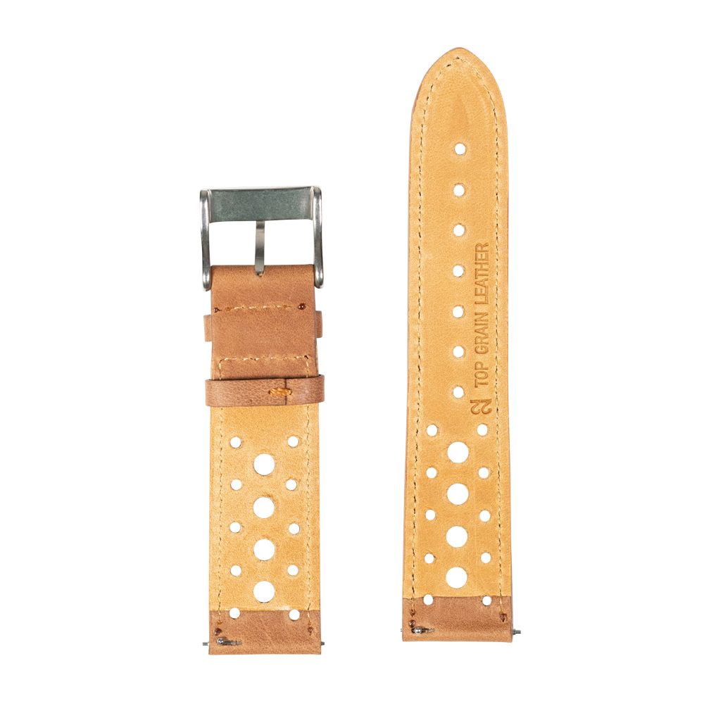 Tan leather quick release watch strap with perforated holes, brown accent trim, and stainless steel buckle