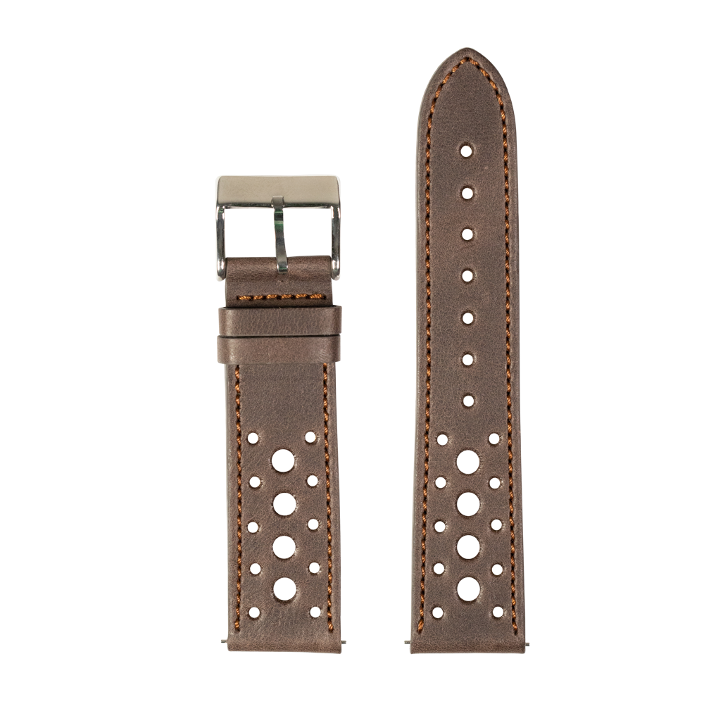 Dark brown leather quick release watch strap with perforated hole design and tan stitching