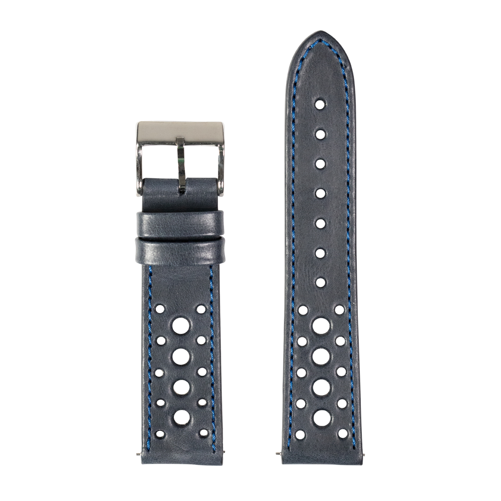 Navy blue perforated leather quick release watch strap with blue stitching and brushed buckle