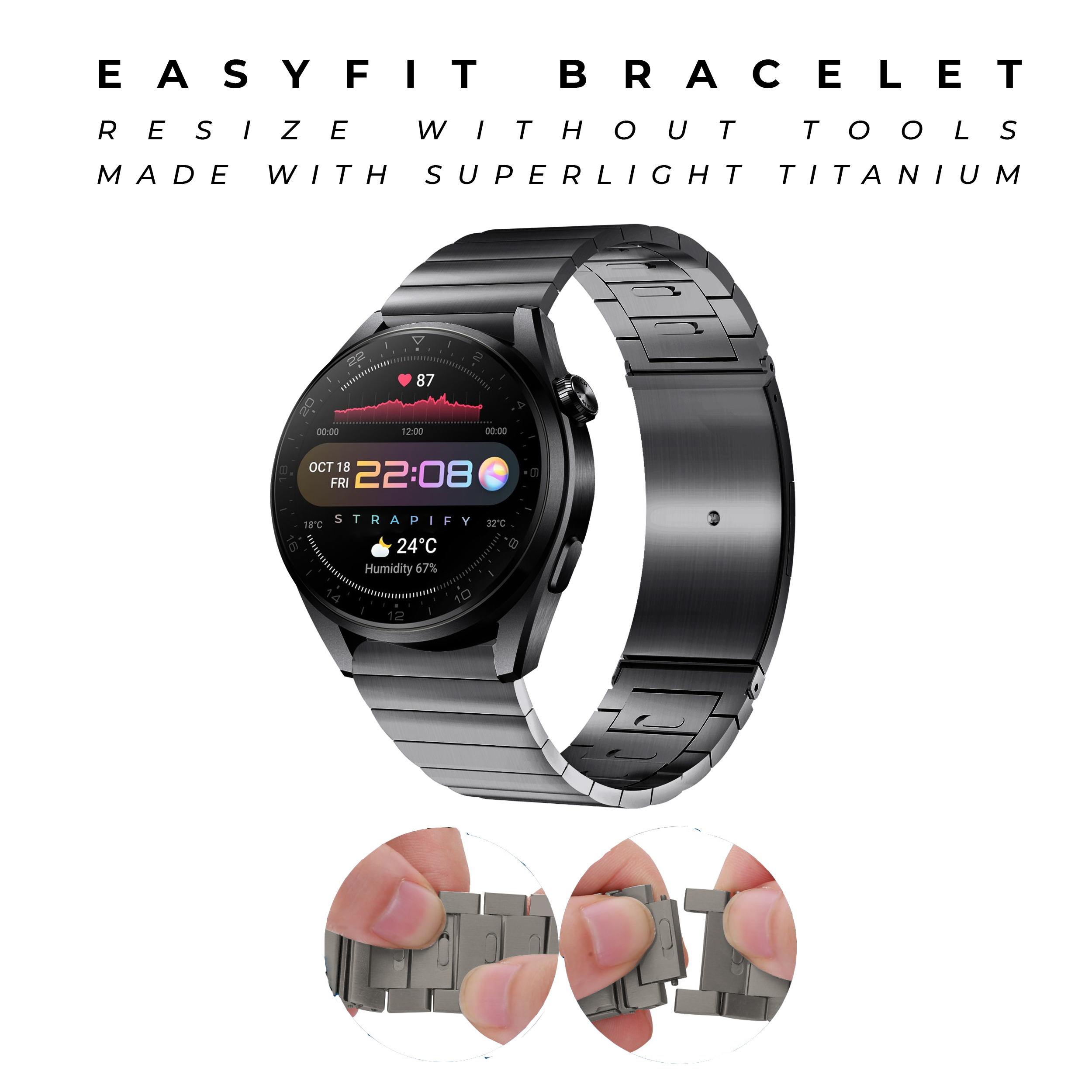 Black titanium smartwatch with EasyFit bracelet band, heart rate monitor display, and tool-free adjustment system shown with titanium links