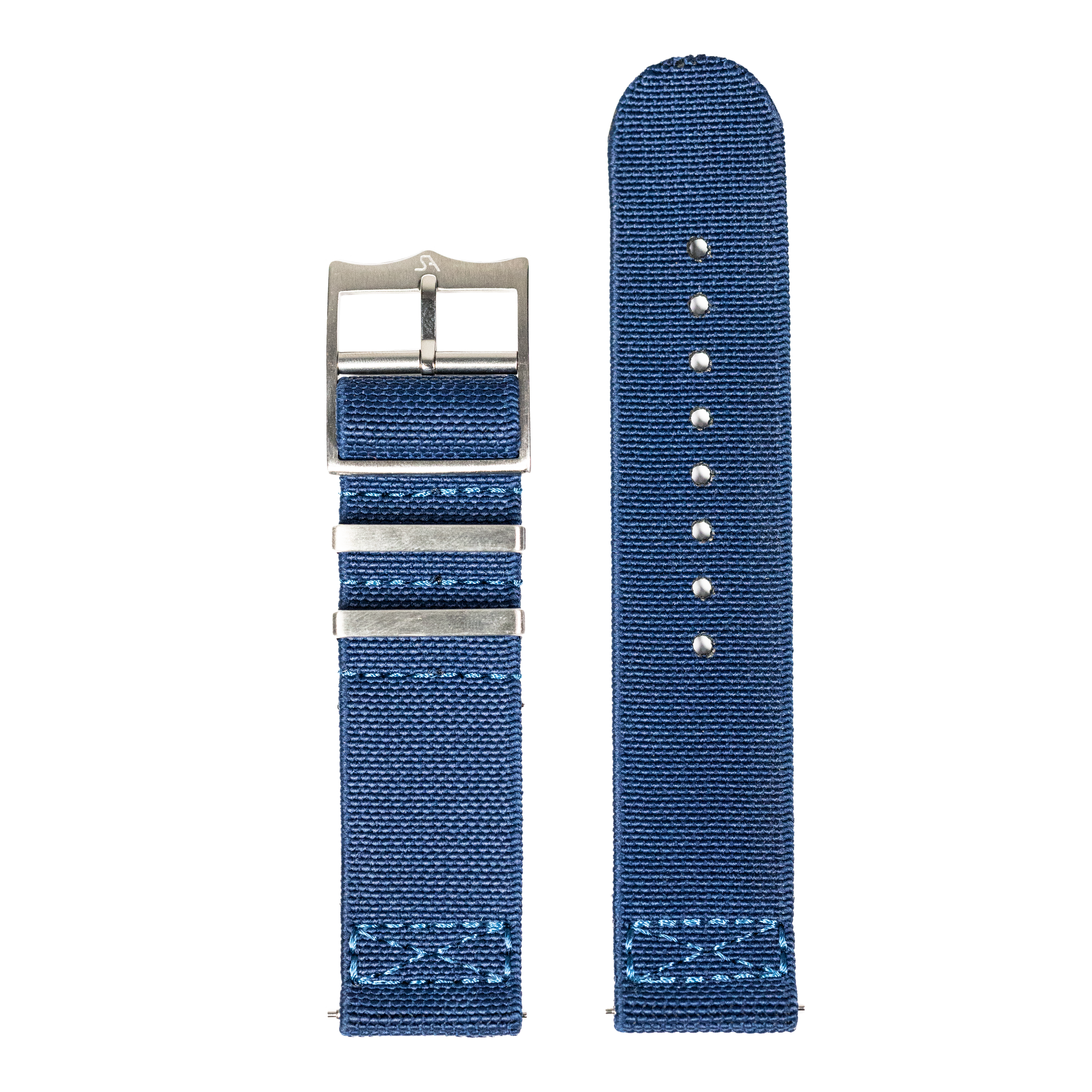 Blue fabric watch strap with quick-release buckle and metal keeper loops, 22mm width