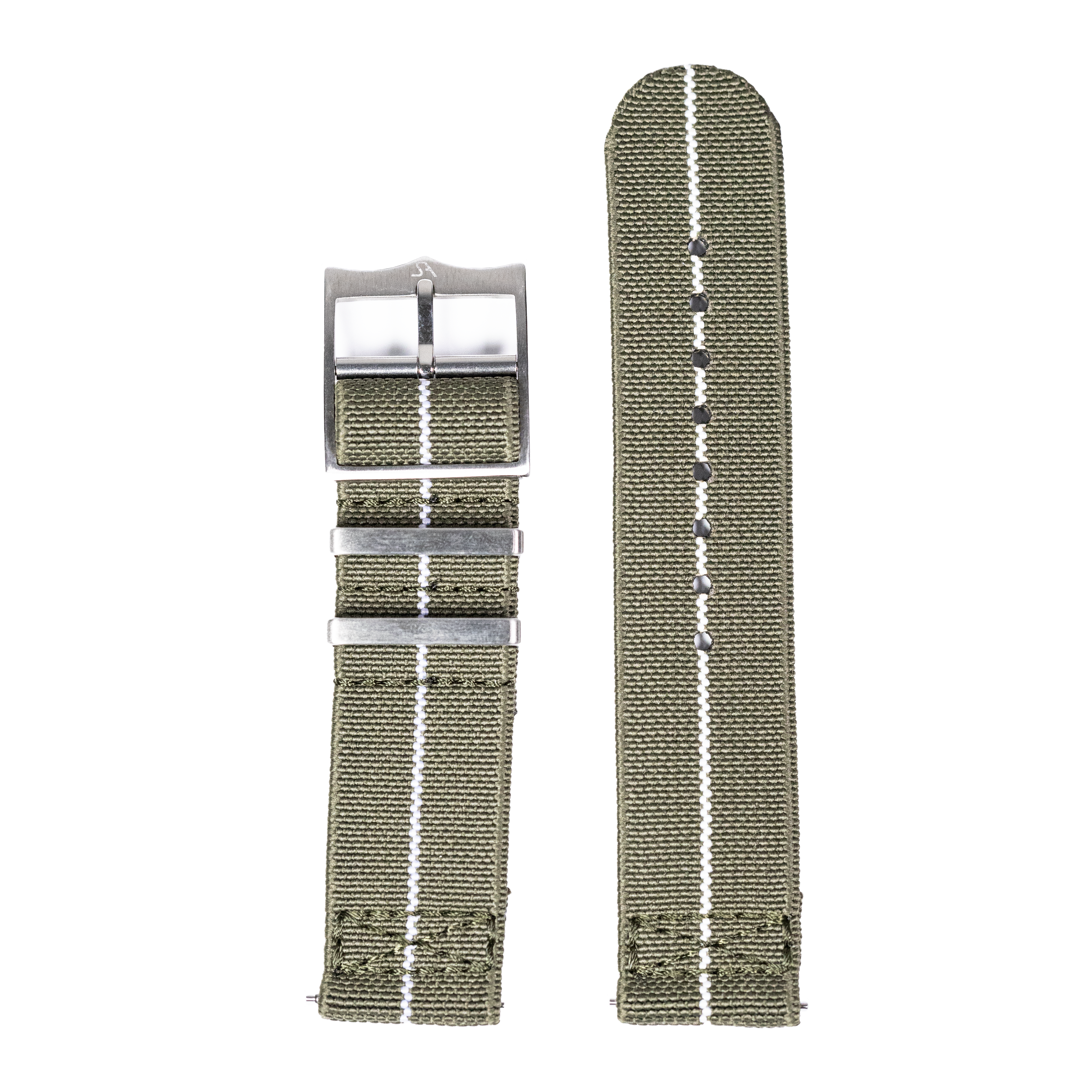 Army green canvas watch strap with white stitching, quick-fit buckle system, 26mm width
