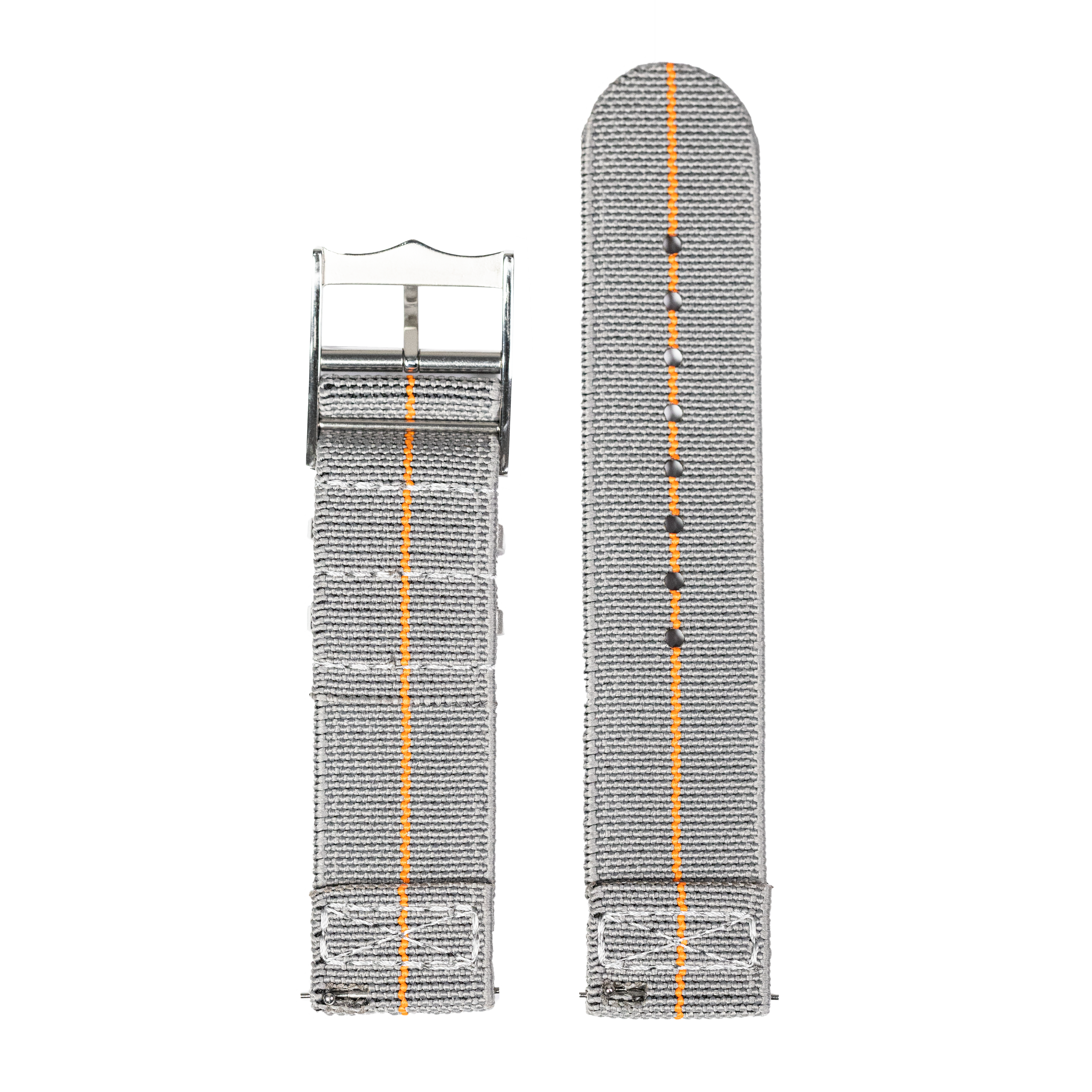 Grey and orange woven military-style quick release strap with metal buckle and keeper attachment hardware