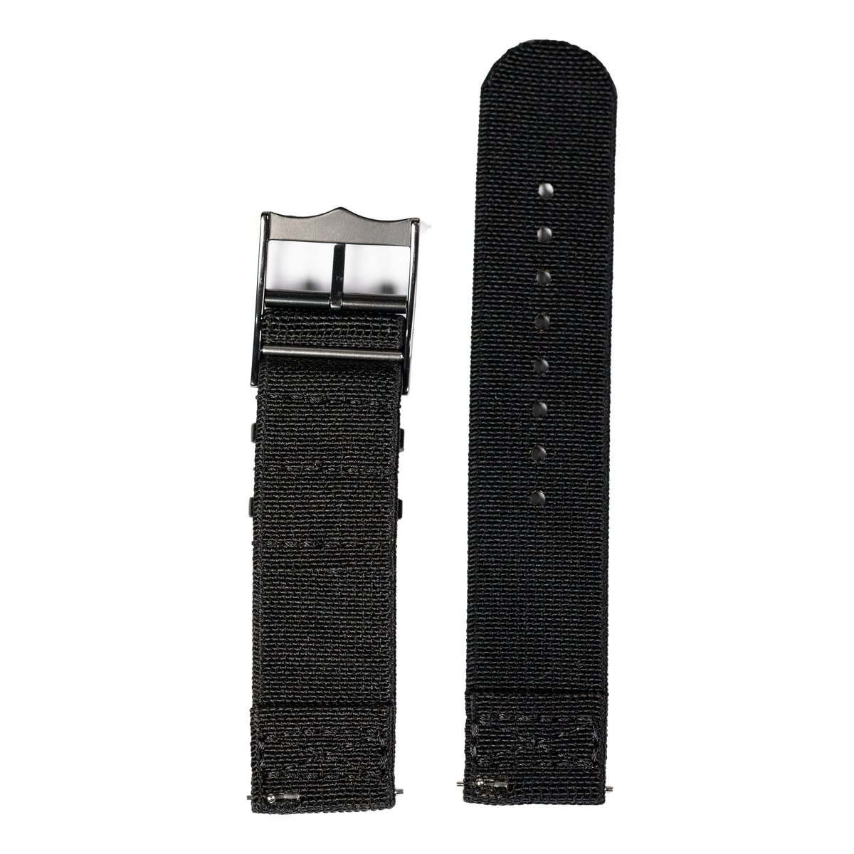 Black nylon watch band with metal buckle and adjustment holes for Galaxy Watch