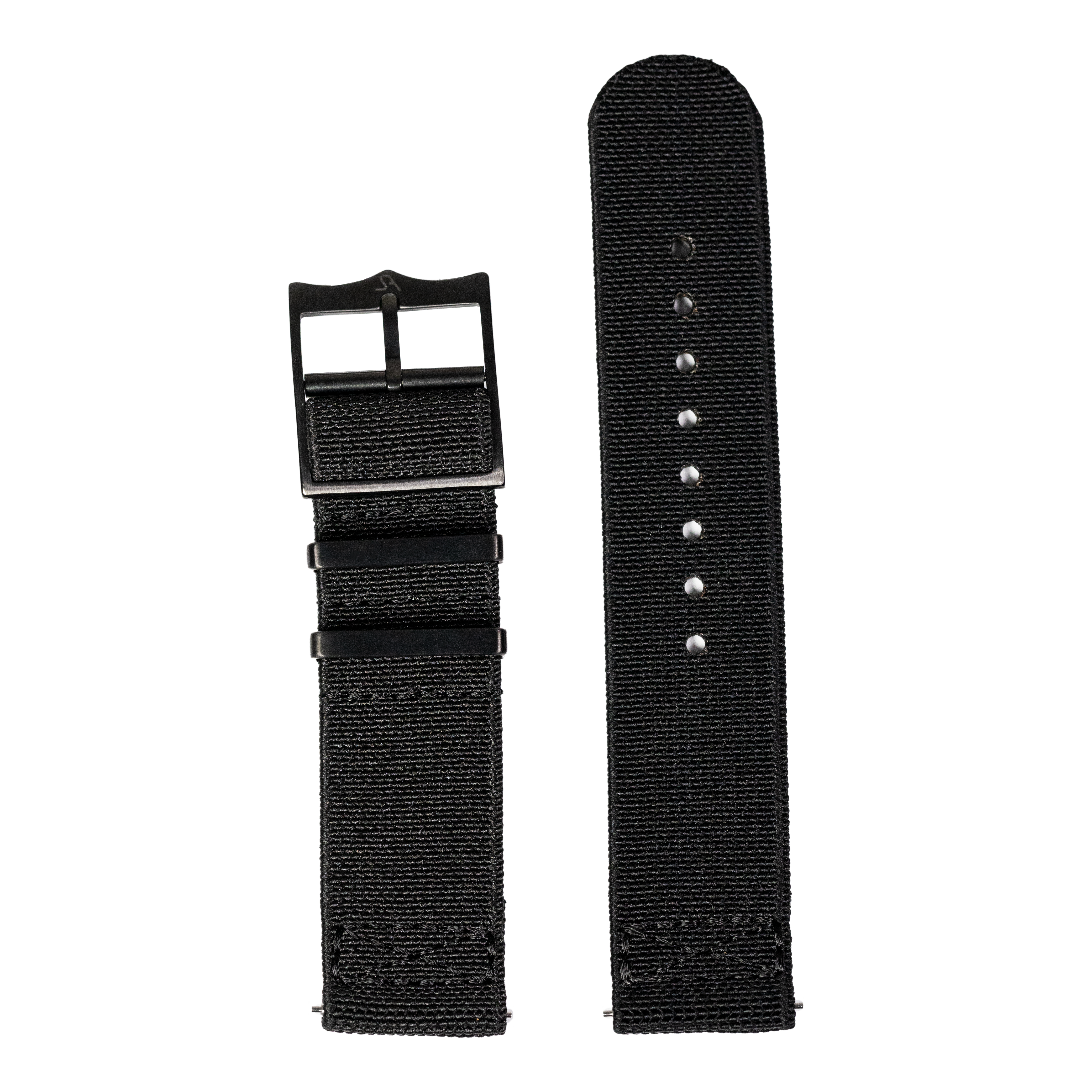 Black fabric watch strap with quick-fit system and black hardware, 22mm width shown with buckle and strap end