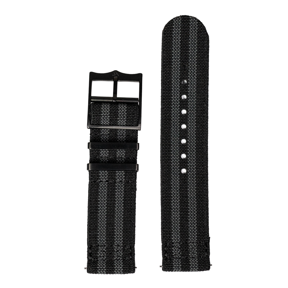 Black fabric watch band with metal buckle and adjustment holes for Fitbit Versa and Sense smartwatches