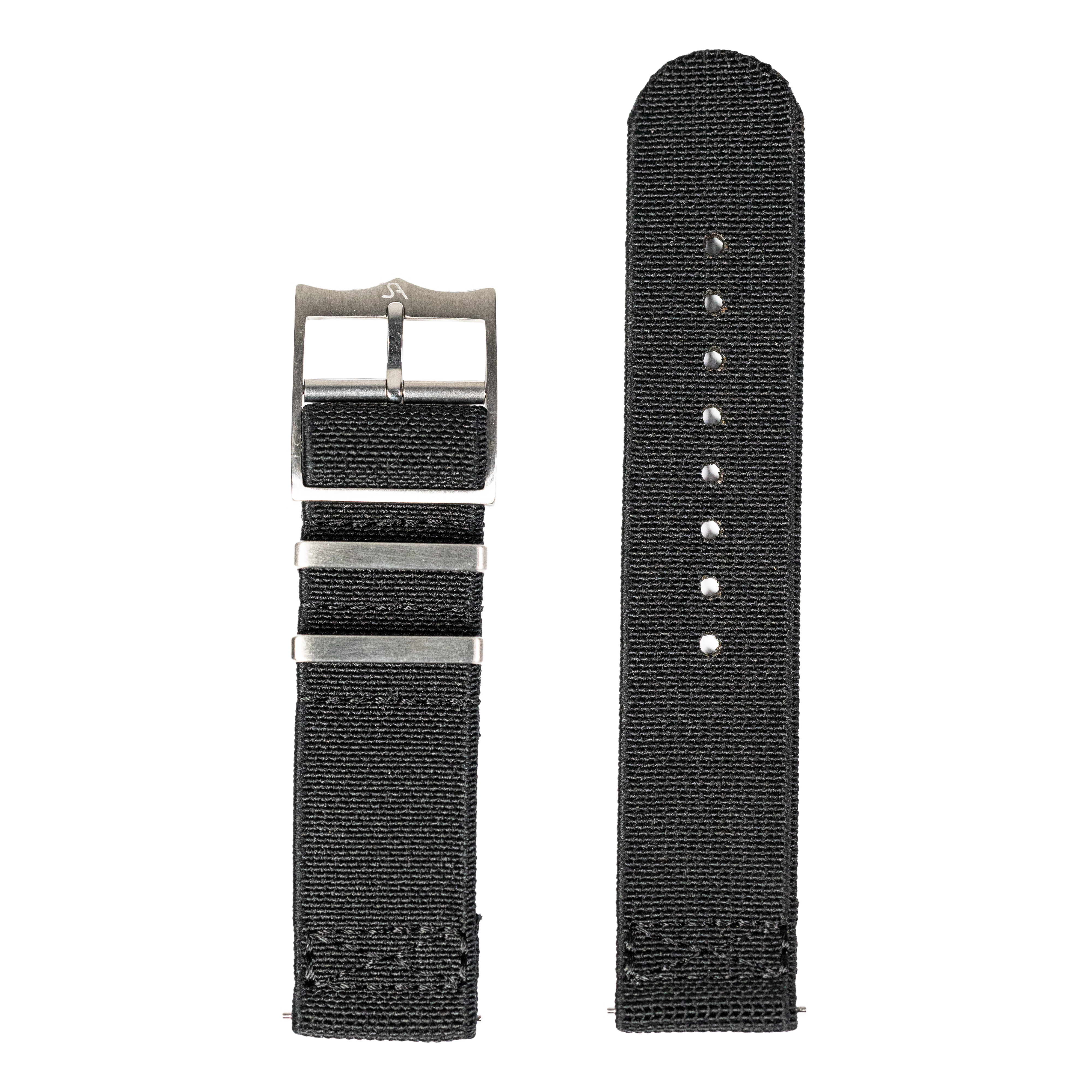 Black fabric quick release watch strap with stainless steel buckle and adjustable holes