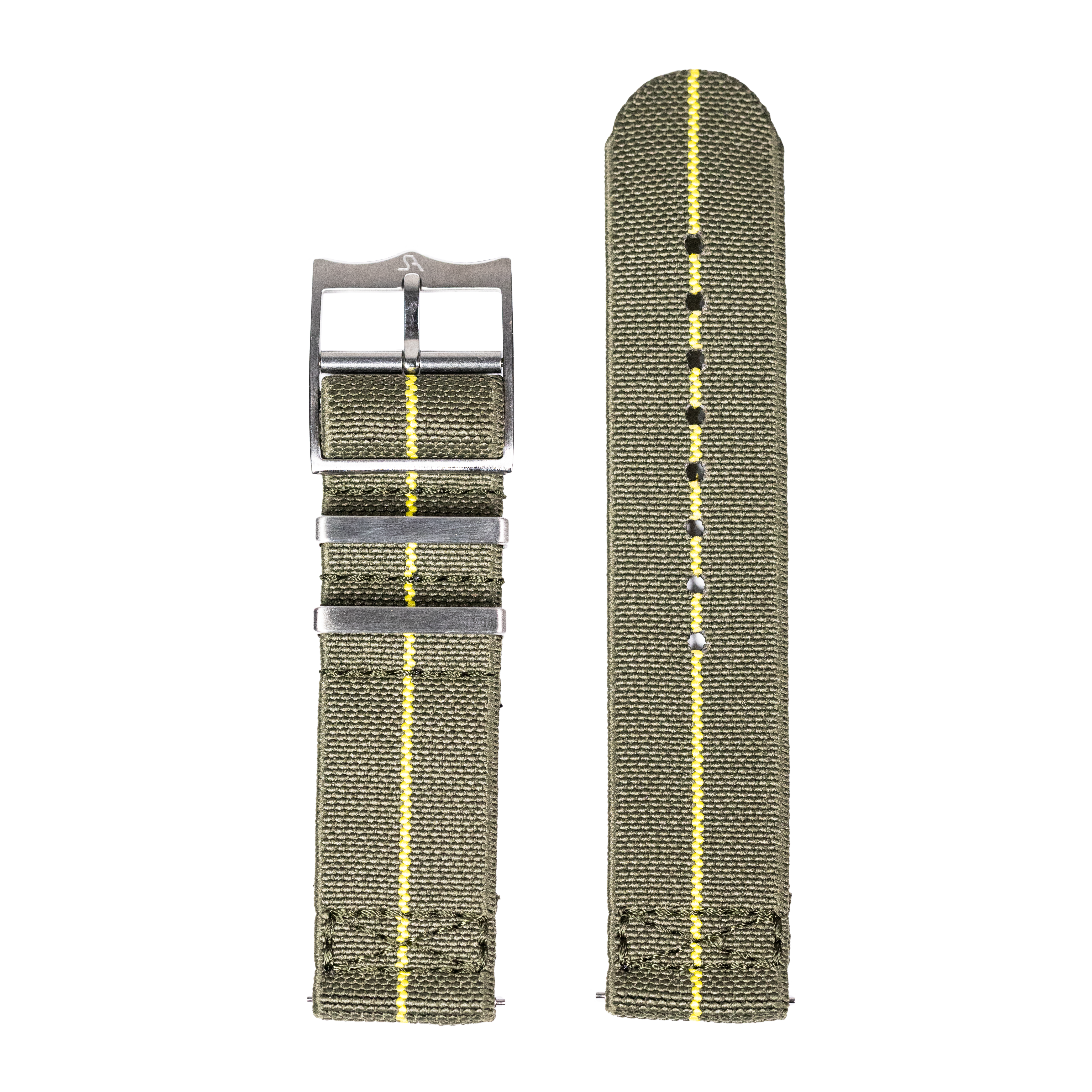 Green and yellow elasticized fabric watch strap with quick-release buckle and metal keepers, 22mm width