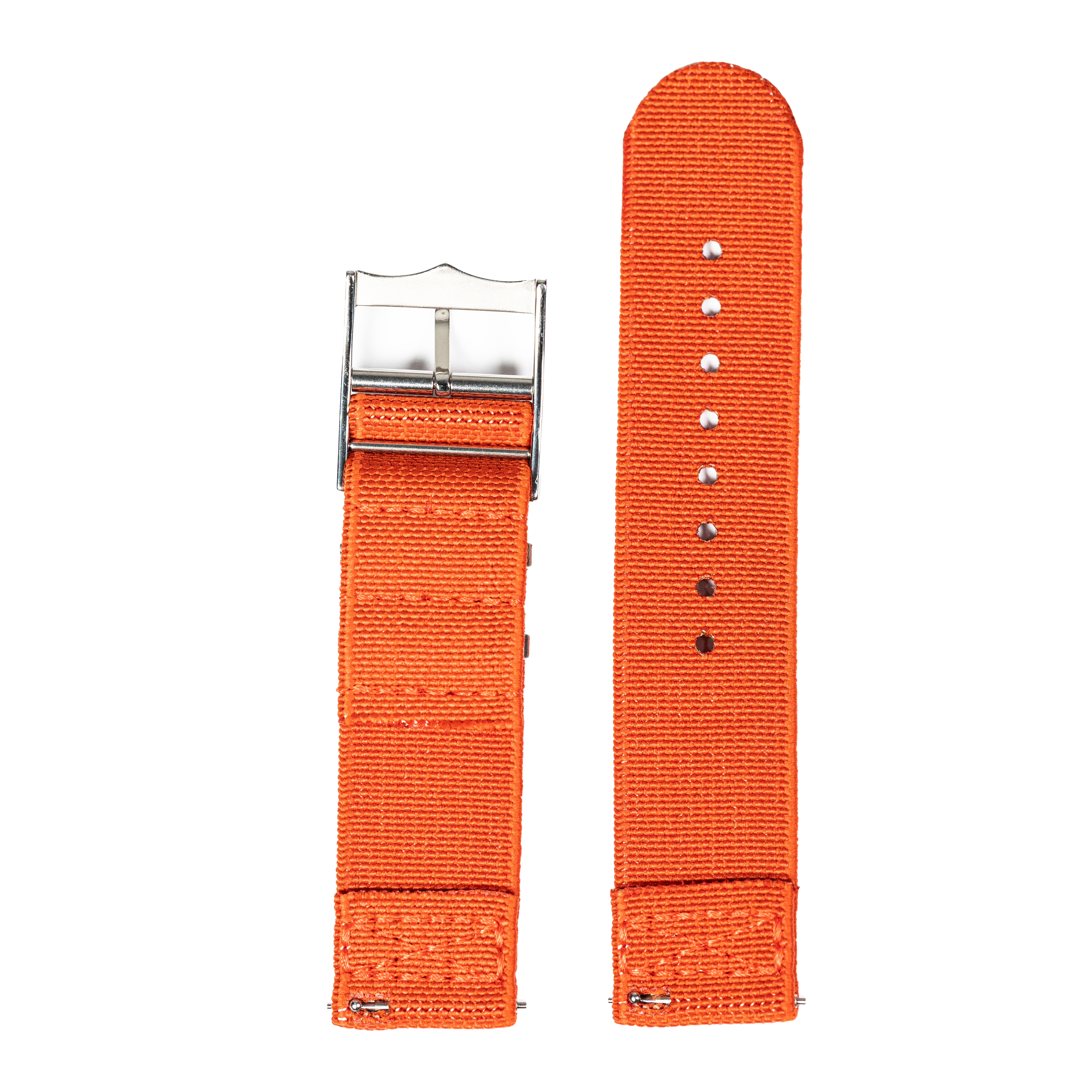 Orange ElastoFlex watch band with metal buckle for Fitbit Versa 3, Versa 4, Sense 1, Sense 2, shown folded and unfolded
