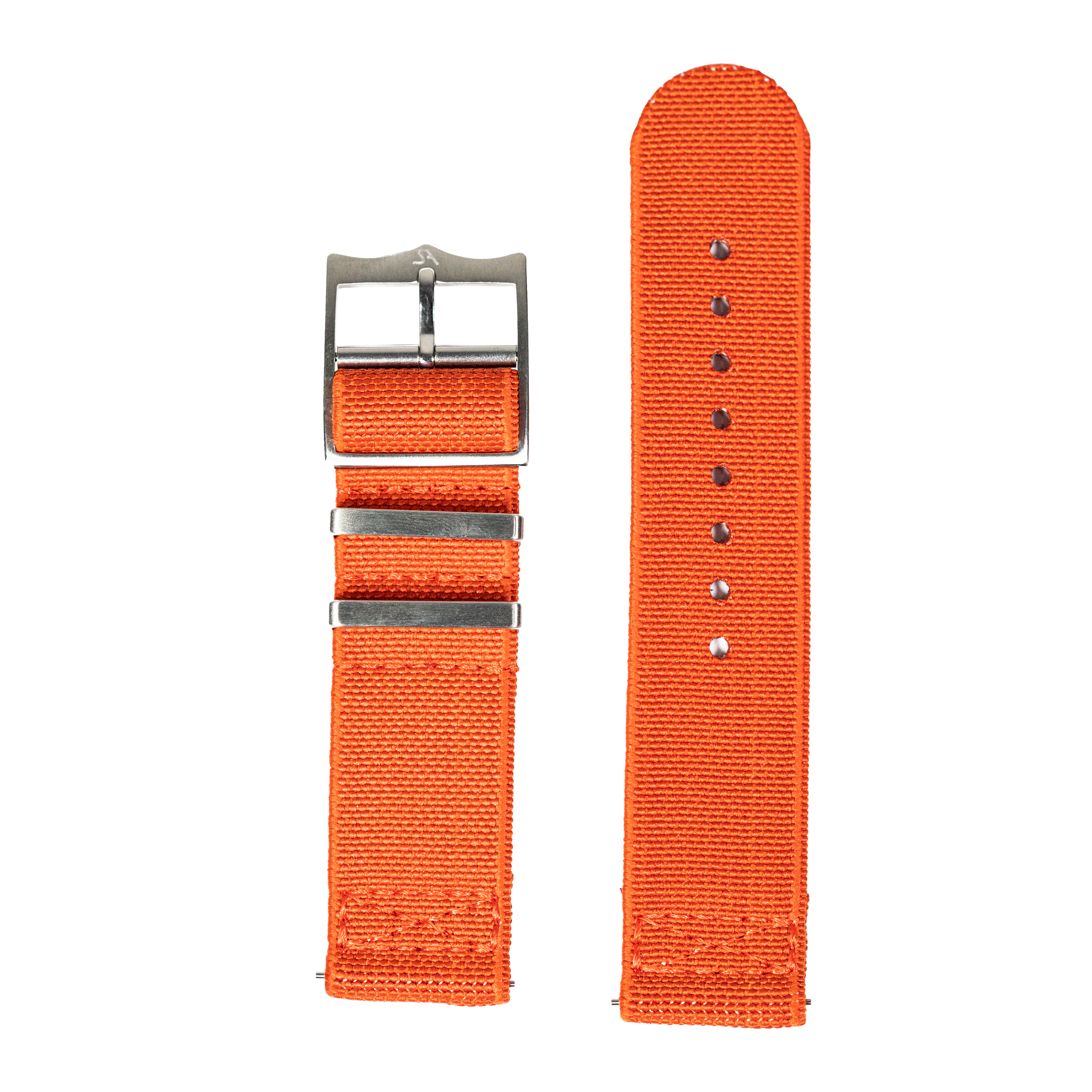 Orange fabric watch strap with quick release pins and gunmetal buckle, 22mm width