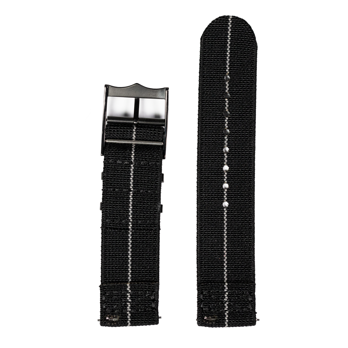 Black nylon military watch band with white stitching and metal buckle for Fitbit Versa and Sense smartwatch