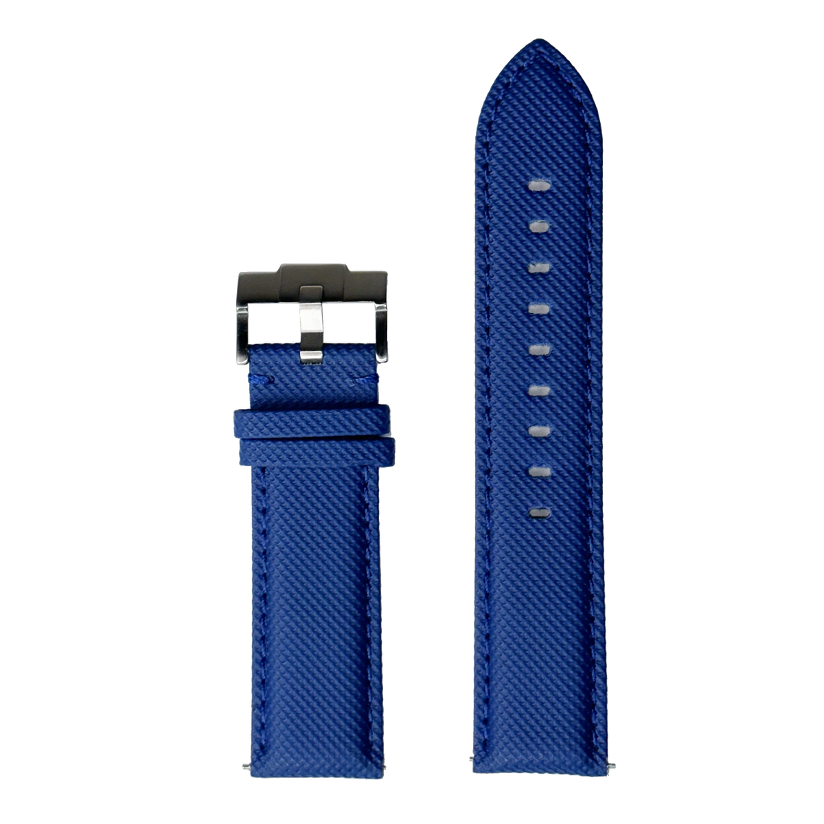Electric blue sailcloth watch band with gray stitching and black stainless steel buckle for Galaxy Watch