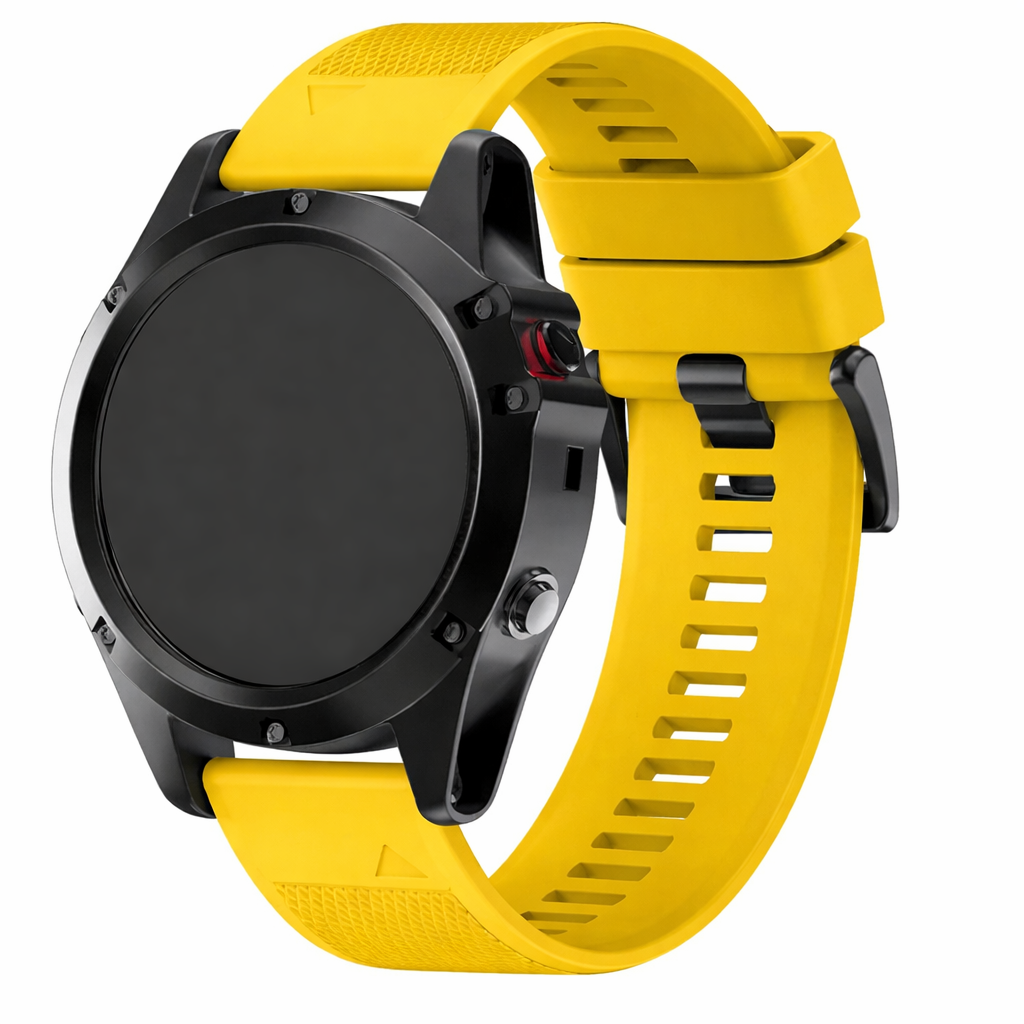 Black smartwatch with bright yellow silicone sport band featuring quick-fit strap system