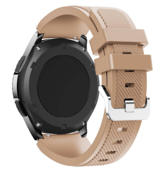 Beige silicone watch band with textured strap design for Fitbit Versa and Sense smartwatches, featuring secure clasp closure