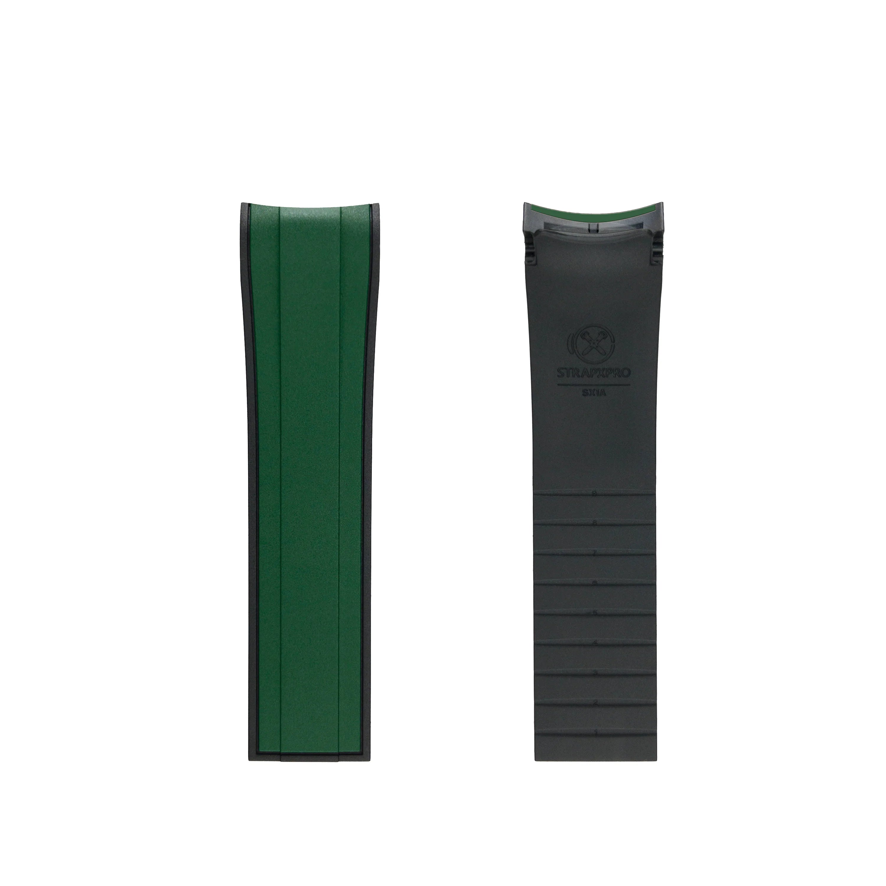 StrapXPro SX1A curved-end rubber strap for Seiko 5 Sports GMT in black with green accent, front and back view