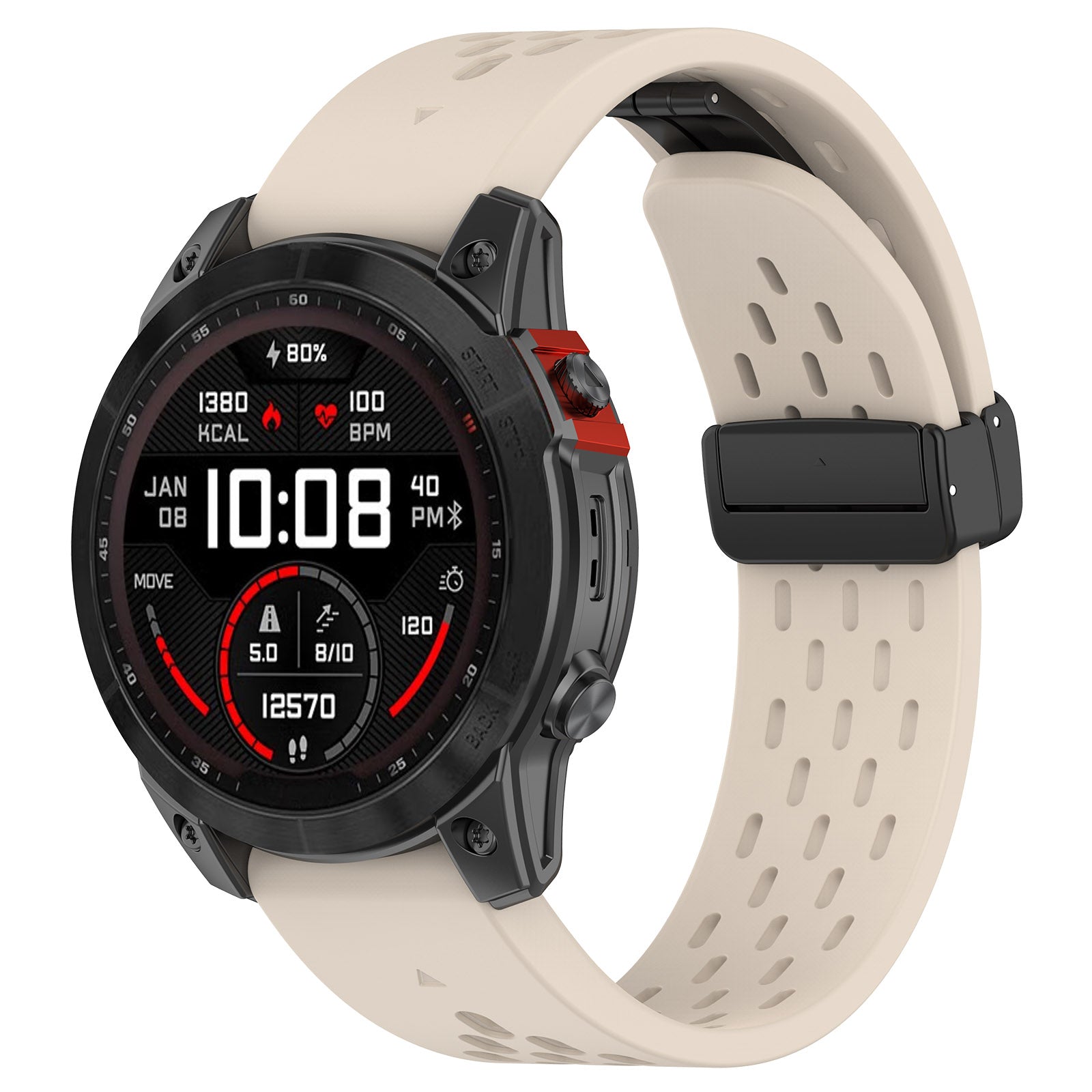 Black sports smartwatch with cream silicone band, displaying heart rate, calories, and fitness metrics on AMOLED screen