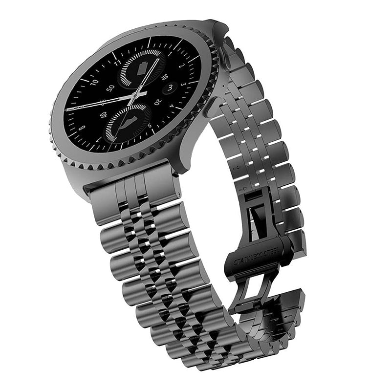 Stainless steel jubilee bracelet watch band with black dial chronograph face and metal link strap