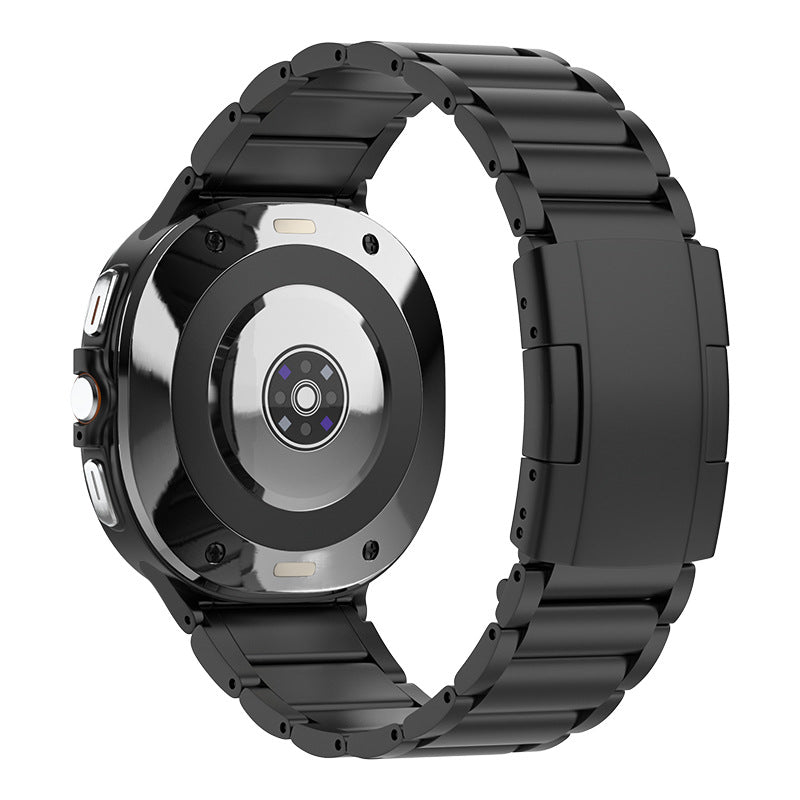 Black titanium smartwatch with round display, heart rate sensor, and metal link band on white background