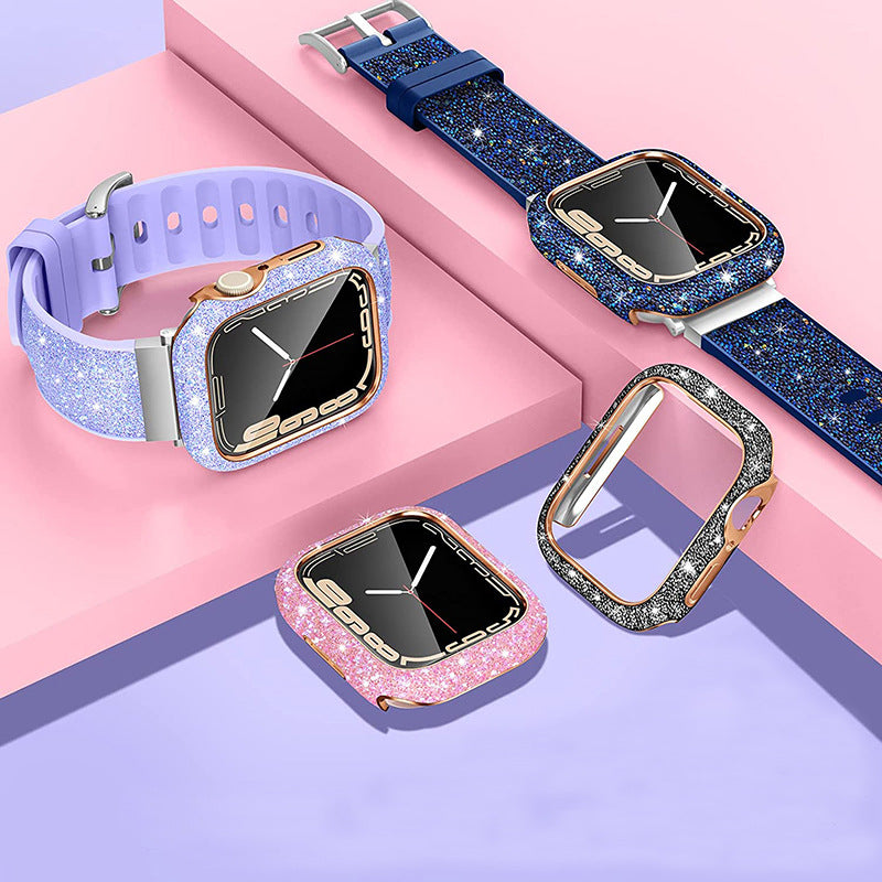Glitter smartwatch protective cases in lavender, navy blue, and pink with gold accents and matching bands displayed on pink and purple background