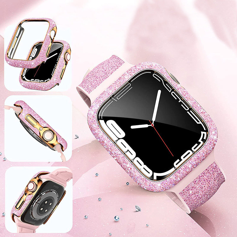 Pink glitter Apple Watch protective case with gold accents and matching band, featuring full screen protection and sparkly finish