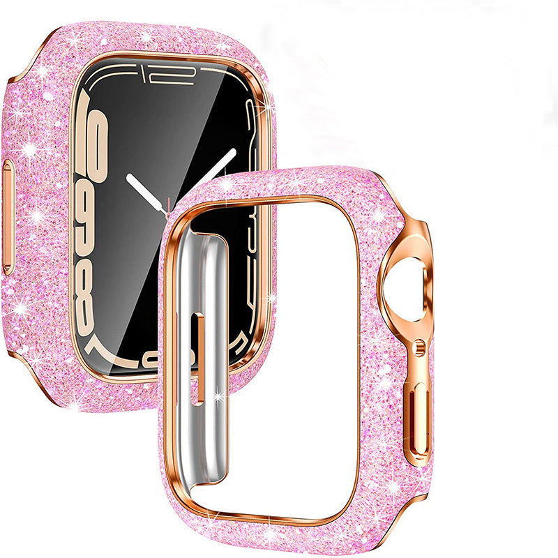 Pink glitter Apple Watch protective case with rose gold bumper and screen protector for smartwatch protection