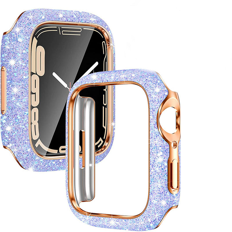 Lavender glitter Apple Watch protective case with rose gold trim and screen protector, shown front and back views