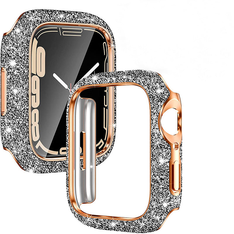 Sparkly glitter smartwatch protective cases with rose gold trim and built-in screen protection for Apple Watch