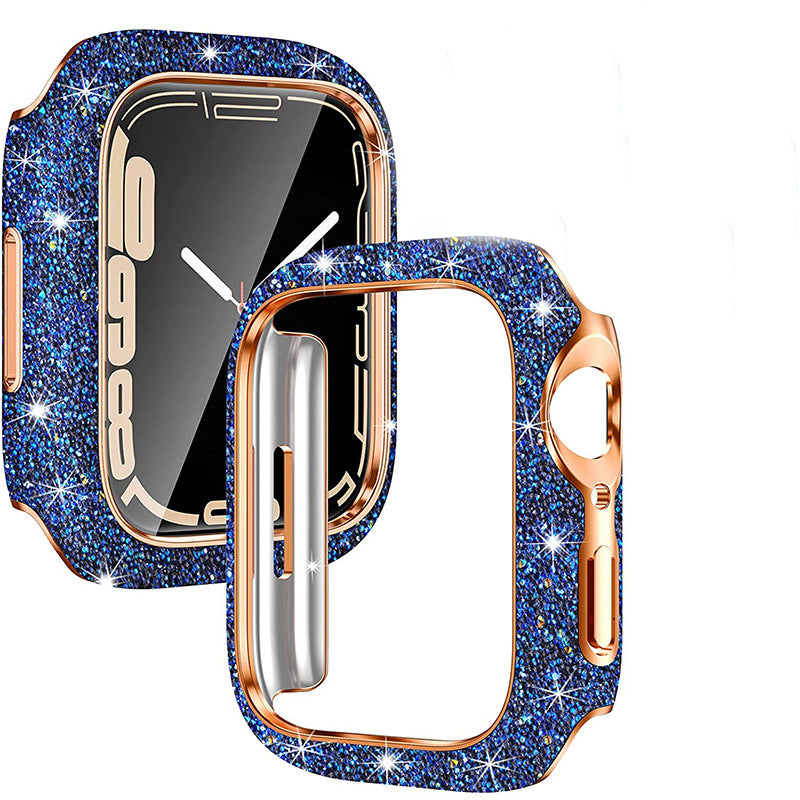 Blue glitter smartwatch protective case with rose gold frame and built-in screen protector for Apple Watch