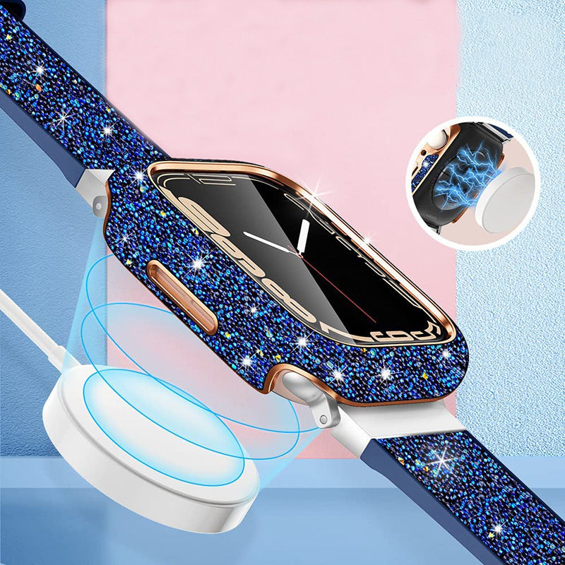 Blue glitter smartwatch case with gold trim and matching sparkly band for Apple Watch, shown with protective glass screen and charging details
