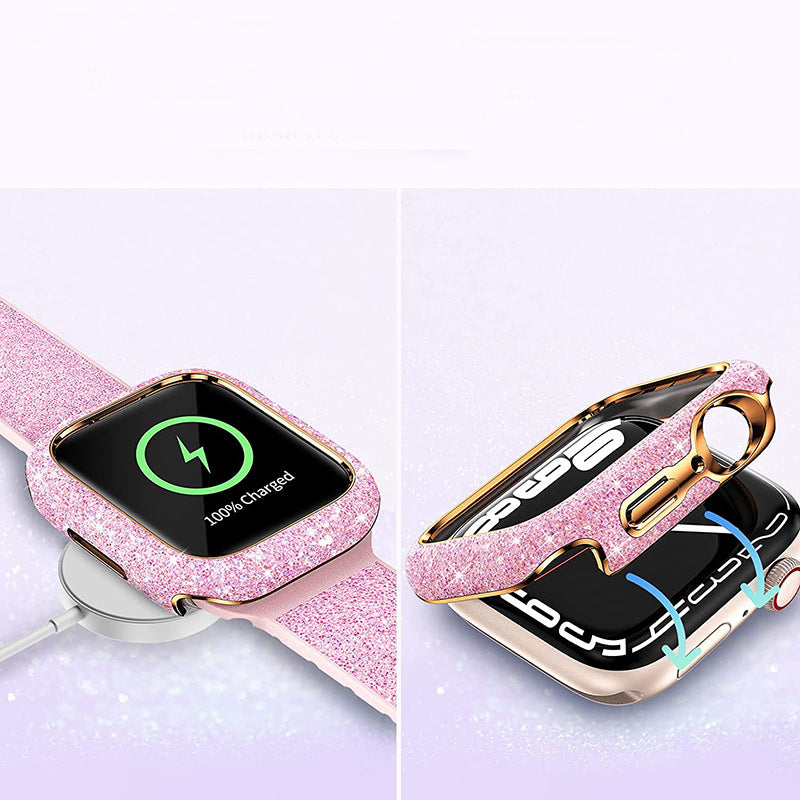 Pink glitter protective case for Apple Watch with gold bumper, keychain ring, and charging compatible design