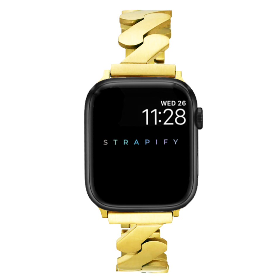 Black smartwatch with gold jagged link bracelet band displaying time and date on square face