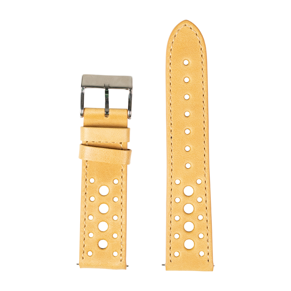 Golden brown leather Daytona quick release watch strap with white perforations and stainless steel buckle