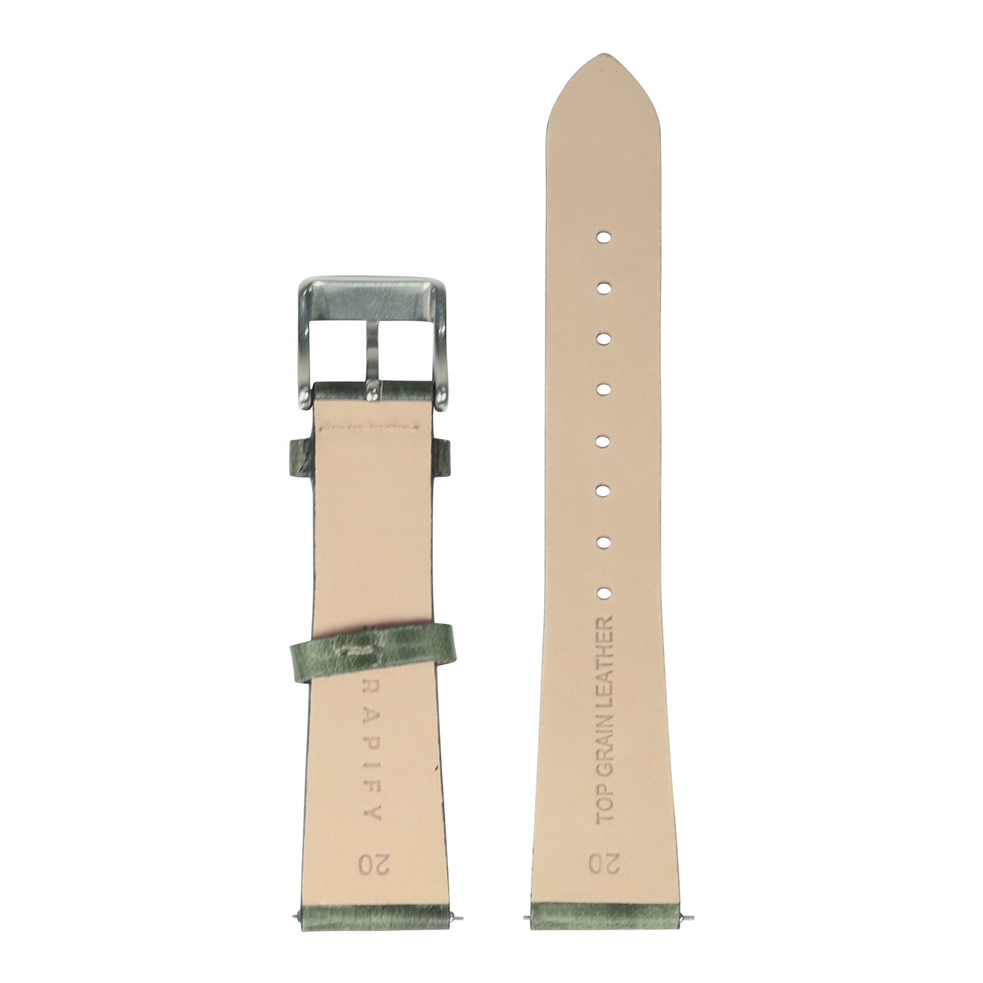 Burnished Amazon green vintage leather quick release watch strap with silver buckle, 20mm width, shown front and back view
