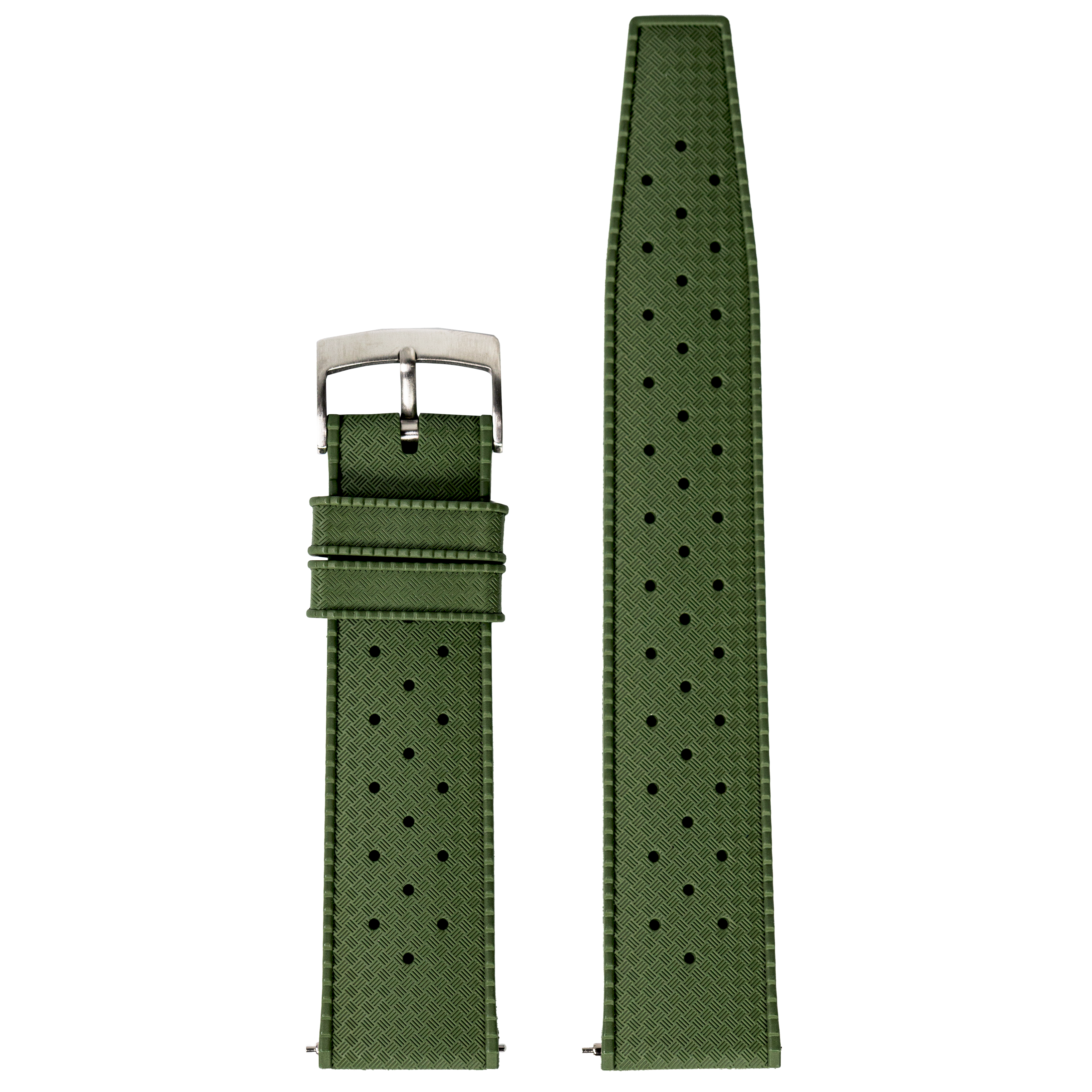 Forest green perforated FKM rubber quickfit watch strap with stainless steel buckle and herringbone texture pattern
