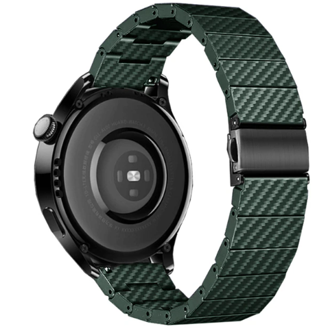 Black smartwatch with green carbon fiber metal bracelet and folding clasp
