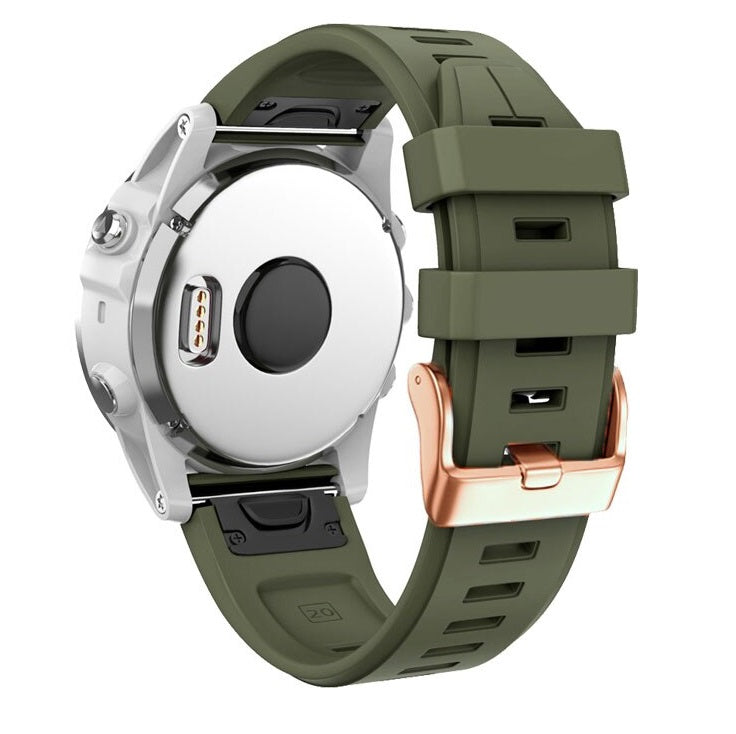 White smartwatch with olive green silicone band and rose gold buckle QuickFit 20mm strap