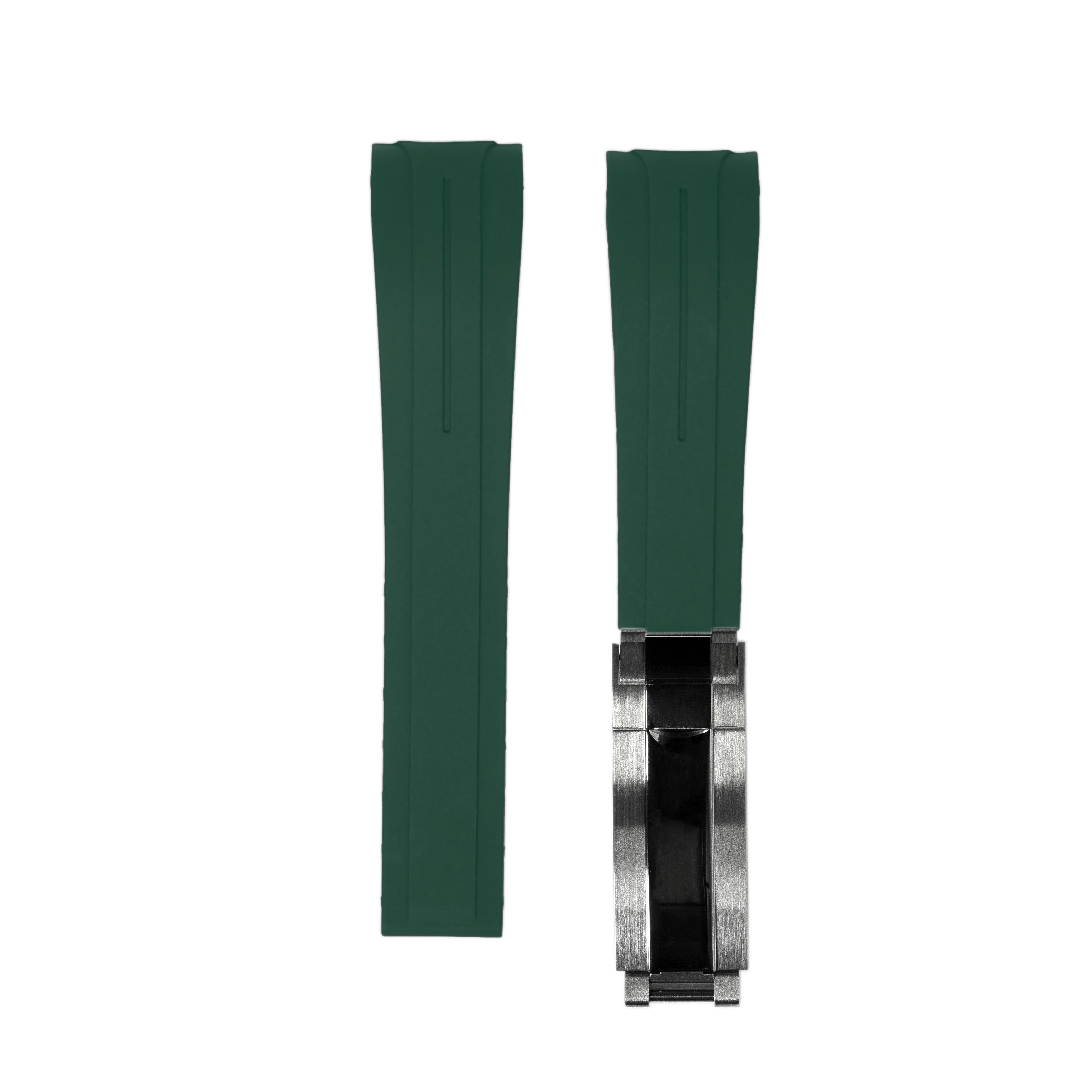 Green rubber curved watch strap with micro-adjustable stainless steel oyster clasp