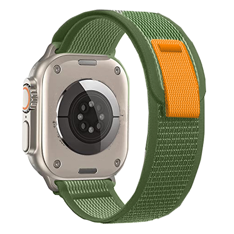 Apple Watch with green and orange Trail Loop band, titanium case with digital crown and sensor ring