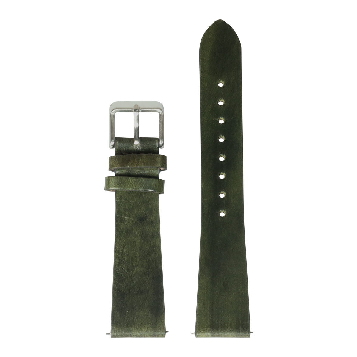 Vintage smoked Amazon green leather Apple Watch band with silver buckle and pin holes, shown flat lay front and back view