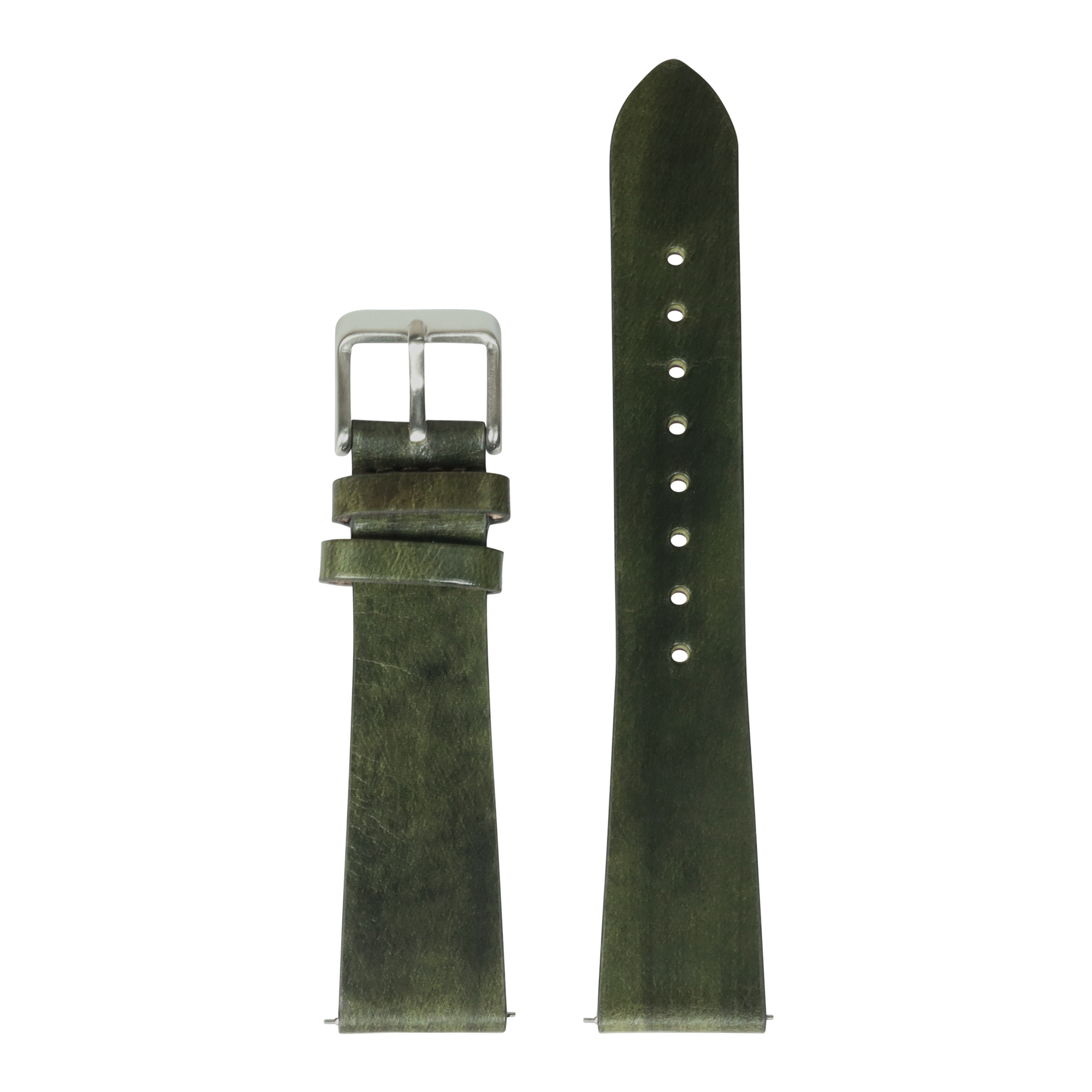 Burnished Amazon green leather watch strap 26mm with silver buckle and quick-fit system